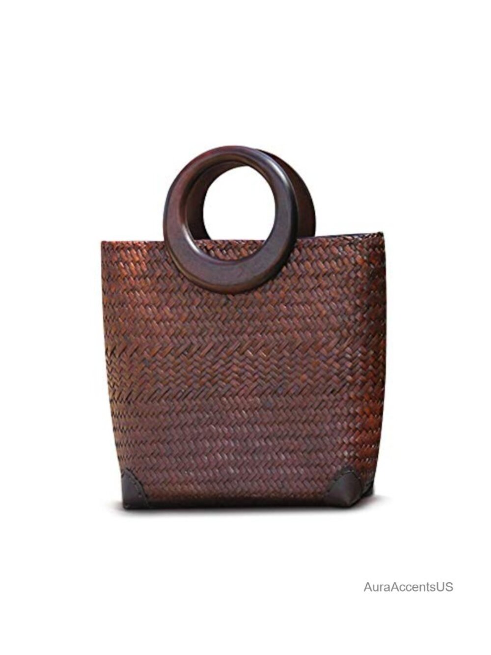 Hand-woven Straw Large Boho Tote Bag with Wood Round Handle